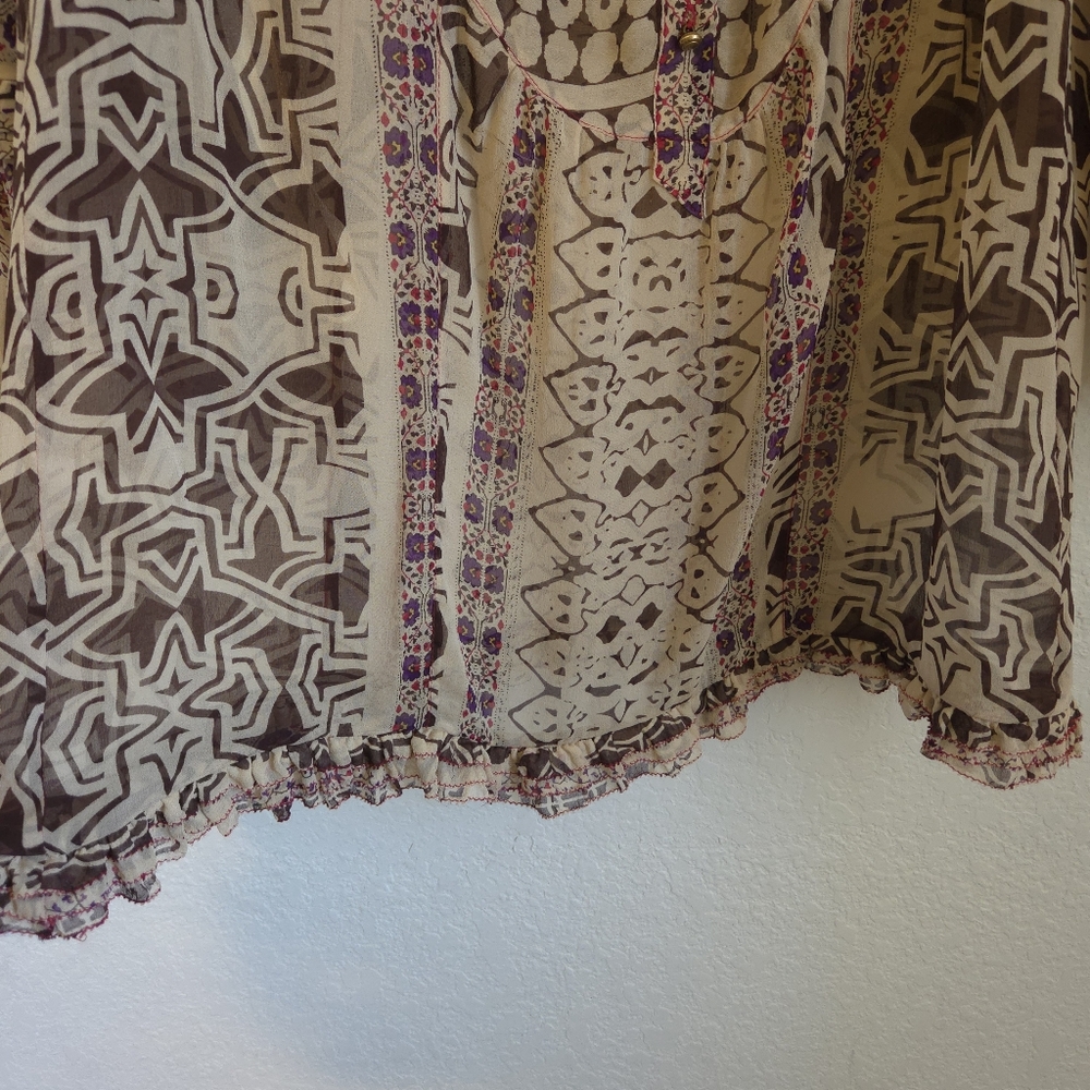Diane Von Furstenberg Womens Ruffle Blouse 100% Silk Geometric BrownCream Size 0 - Picture 8 of 15